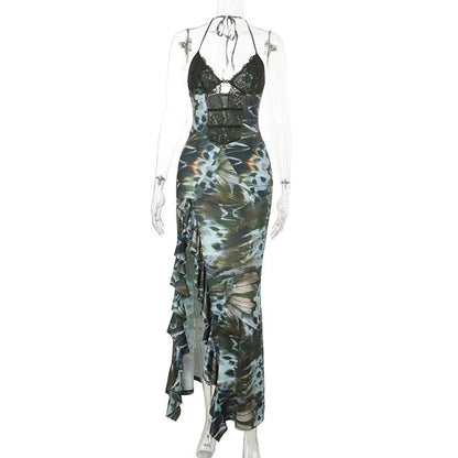 Halter self tie ruffle print v neck maxi dress  | Festival Outfits Women