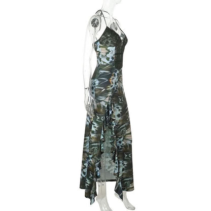 Halter self tie ruffle print v neck maxi dress  | Festival Outfits Women