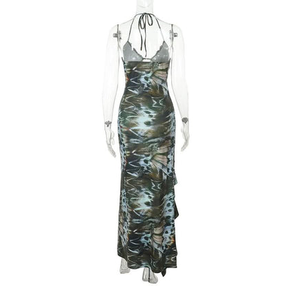 Halter self tie ruffle print v neck maxi dress  | Festival Outfits Women