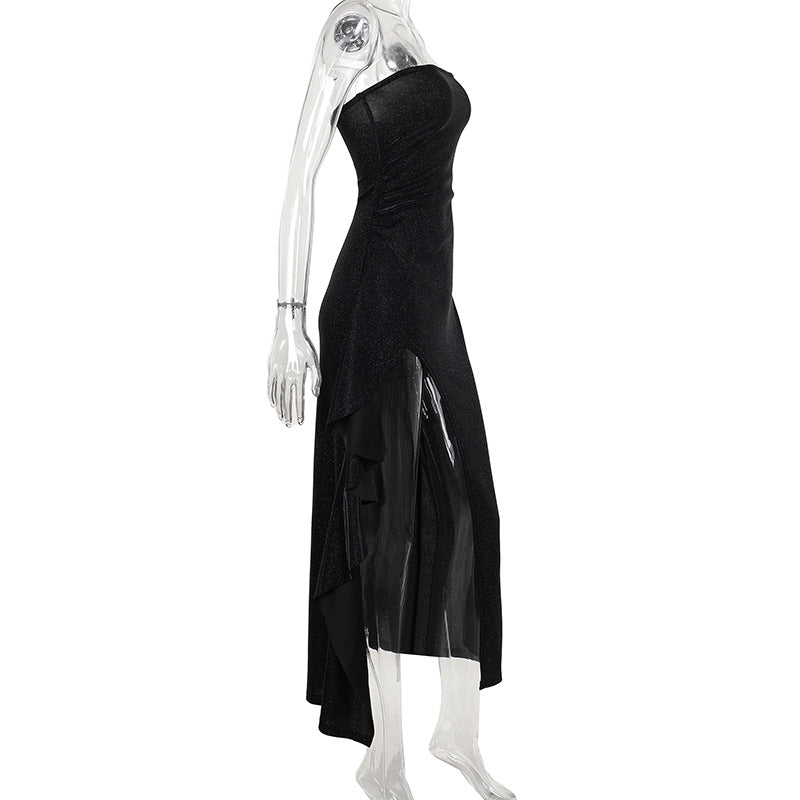 Glitter high slit ruffle tube maxi dress  | Festival Outfits Women