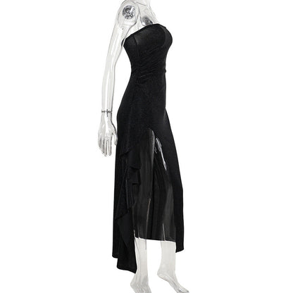 Glitter high slit ruffle tube maxi dress  | Festival Outfits Women