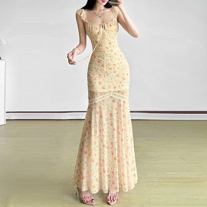 Mesh print ruched self tie lace hem maxi dress  | Festival Outfits Women