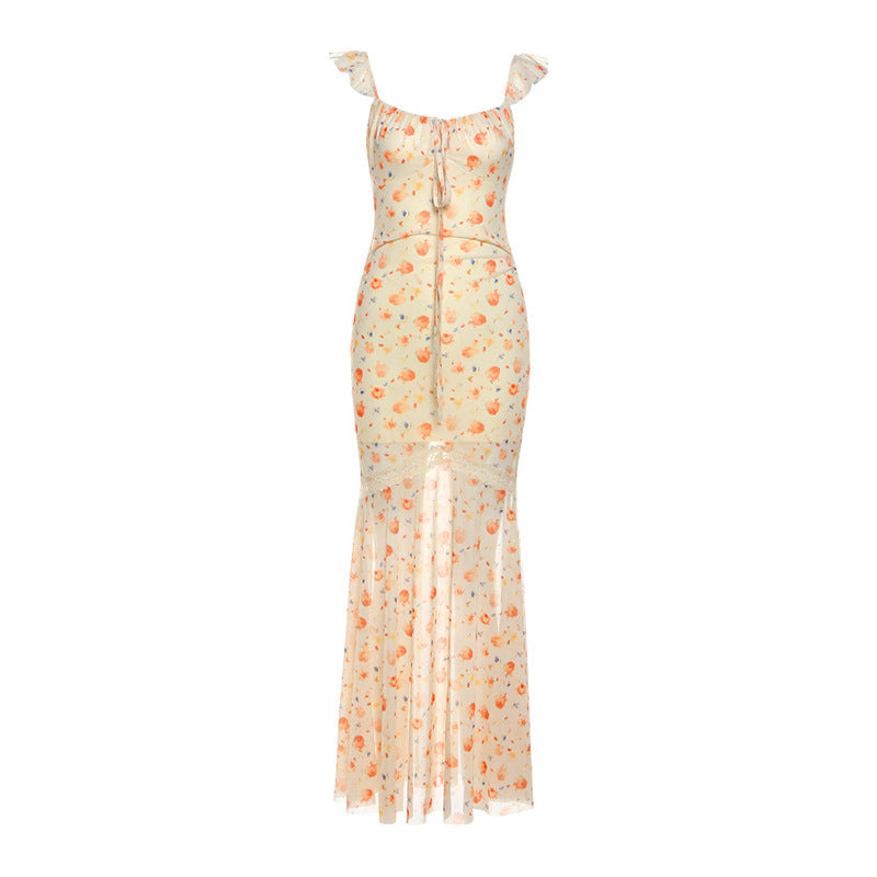 Mesh print ruched self tie lace hem maxi dress  | Festival Outfits Women