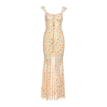 Mesh print ruched self tie lace hem maxi dress  | Festival Outfits Women