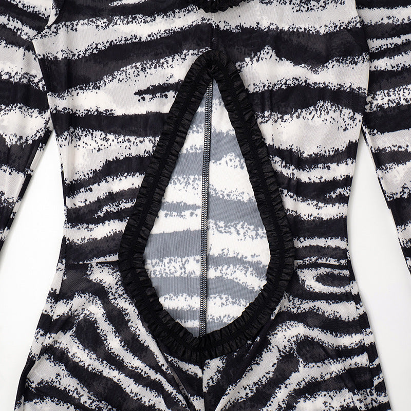 Zebra print hollow out slit ruffle cut out maxi dress  | Festival Outfits Women