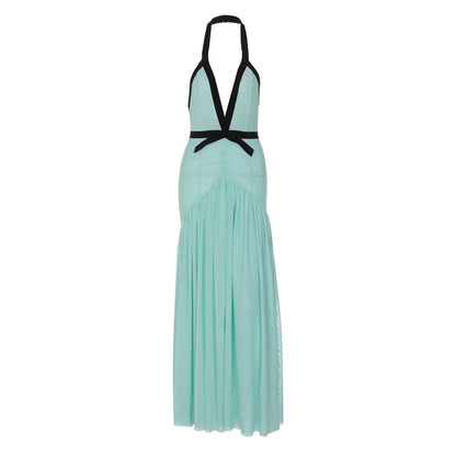 Halter ruched mesh deep V neck maxi dress  | Festival Outfits Women