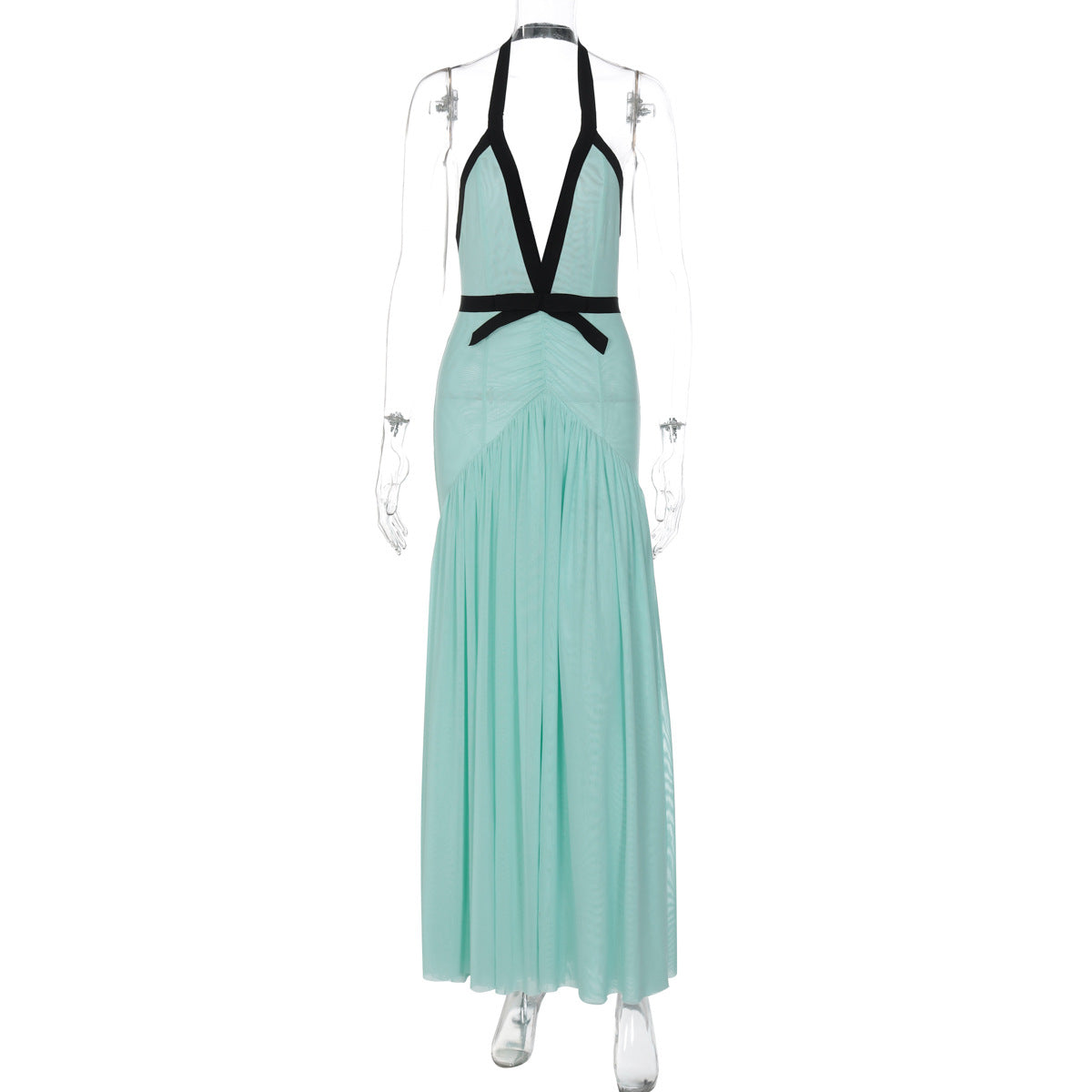 Halter ruched mesh deep V neck maxi dress  | Festival Outfits Women