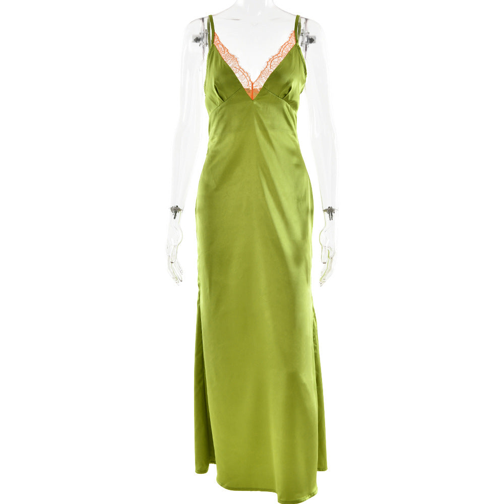 Satin lace hem v neck zip-up cami maxi dress  | Festival Outfits Women
