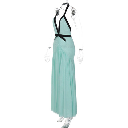 Halter ruched mesh deep V neck maxi dress  | Festival Outfits Women
