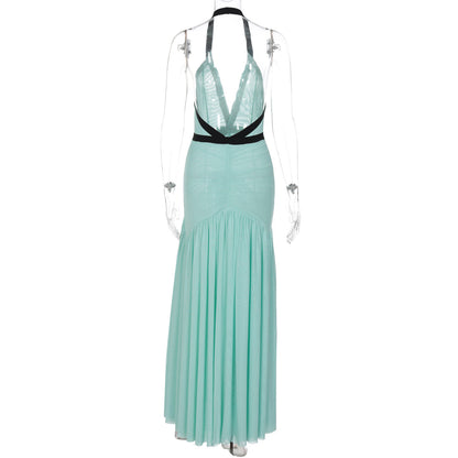 Halter ruched mesh deep V neck maxi dress  | Festival Outfits Women