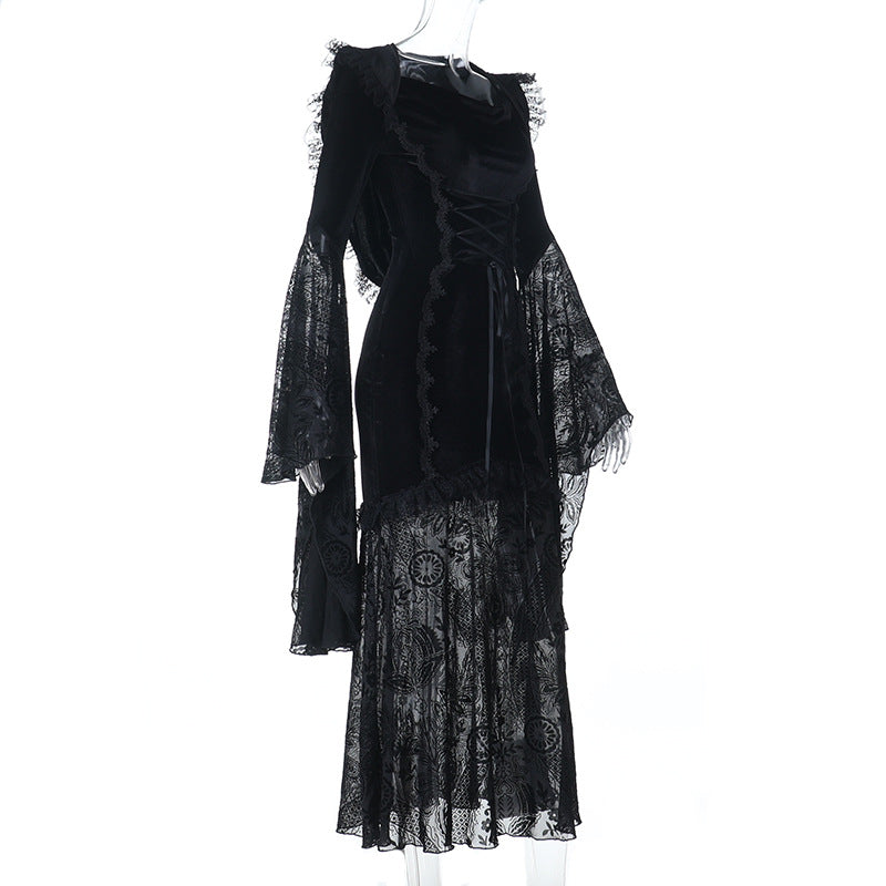 Hoodie long flared sleeve velvet maxi dress  | Festival Outfits Women
