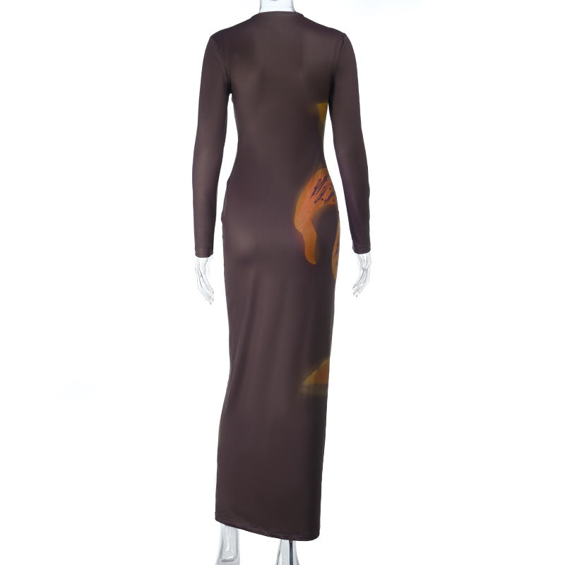 Hollow out beaded long sleeve print cut out maxi dress  | Festival Outfits Women
