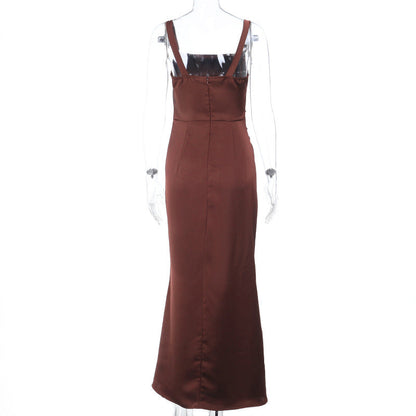 Square neck satin ruched zip-up cami maxi dress  | Festival Outfits Women