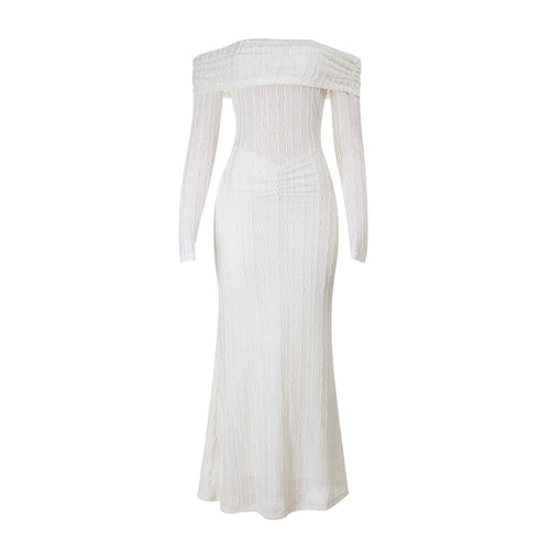 Off shoulder long sleeve textured ruched maxi dress  | Festival Outfits Women