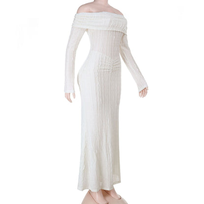 Off shoulder long sleeve textured ruched maxi dress  | Festival Outfits Women