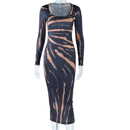 U neck long sleeve print maxi dress  | Festival Outfits Women