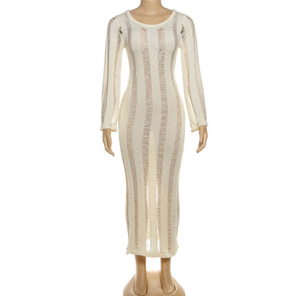 Long sleeve backless knitted hollow out cut out maxi dress  | Festival Outfits Women