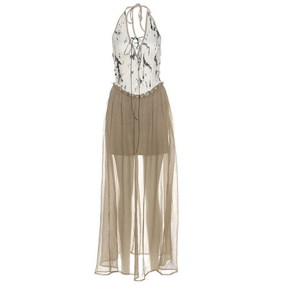 Halter v neck backless print ruffle maxi dress  | Festival Outfits Women