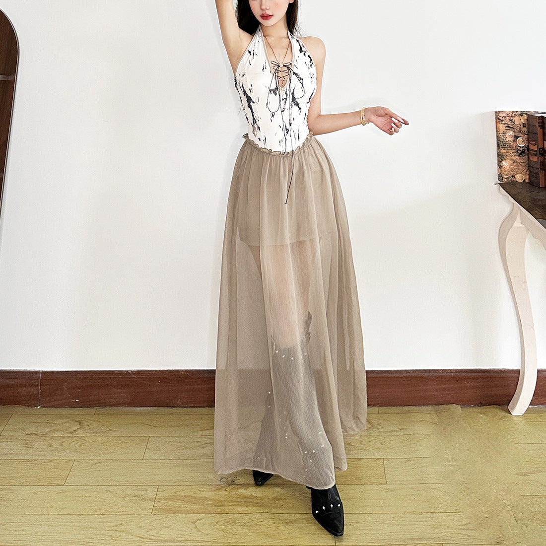 Halter v neck backless print ruffle maxi dress  | Festival Outfits Women
