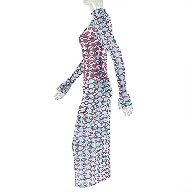 High neck long sleeve mesh print maxi dress  | Festival Outfits Women