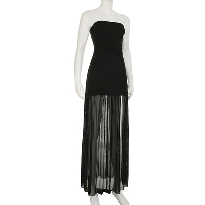 Slit mesh ruched backless tube maxi dress  | Festival Outfits Women