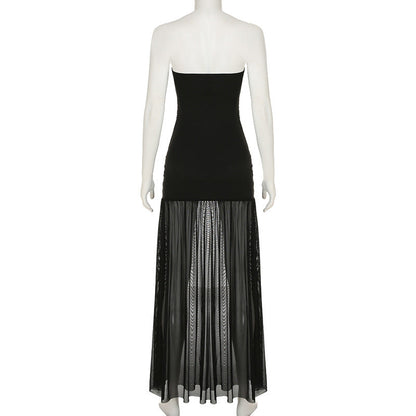 Slit mesh ruched backless tube maxi dress  | Festival Outfits Women