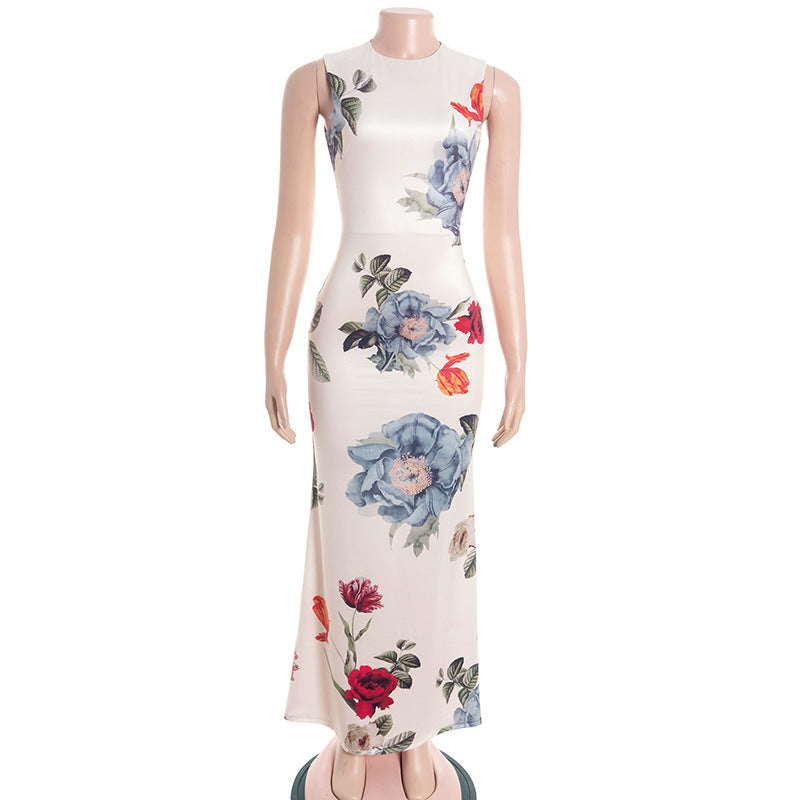 Crewneck flower print backless maxi dress  | Festival Outfits Women