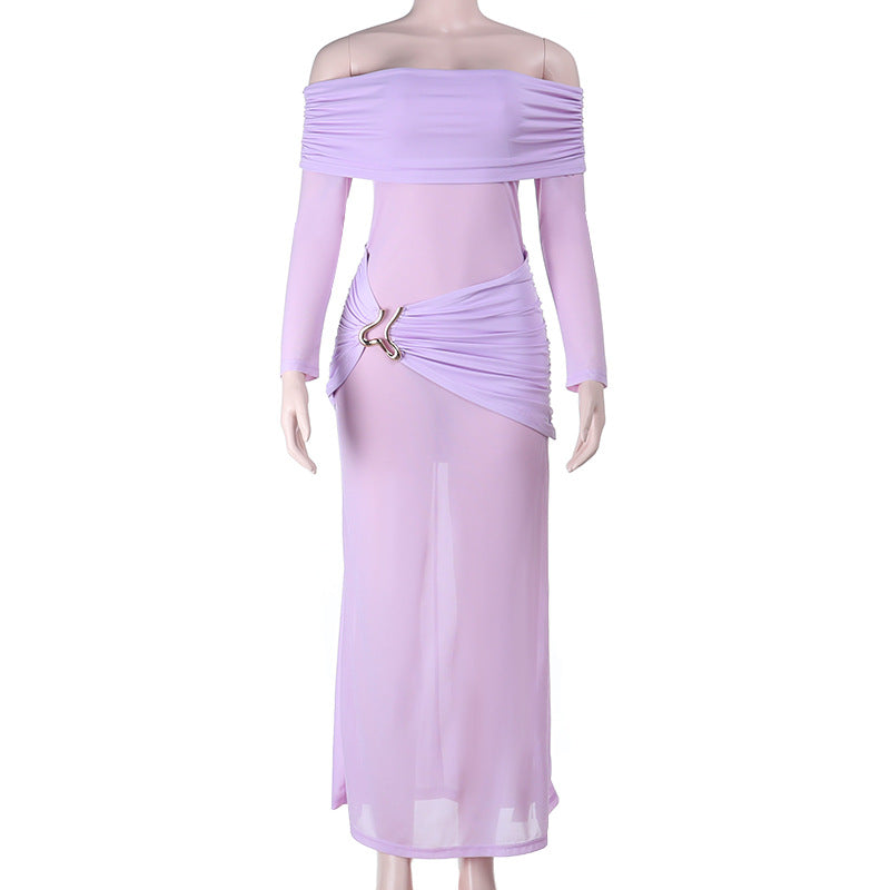 Off shoulder long sleeve ruched maxi dress  | Festival Outfits Women