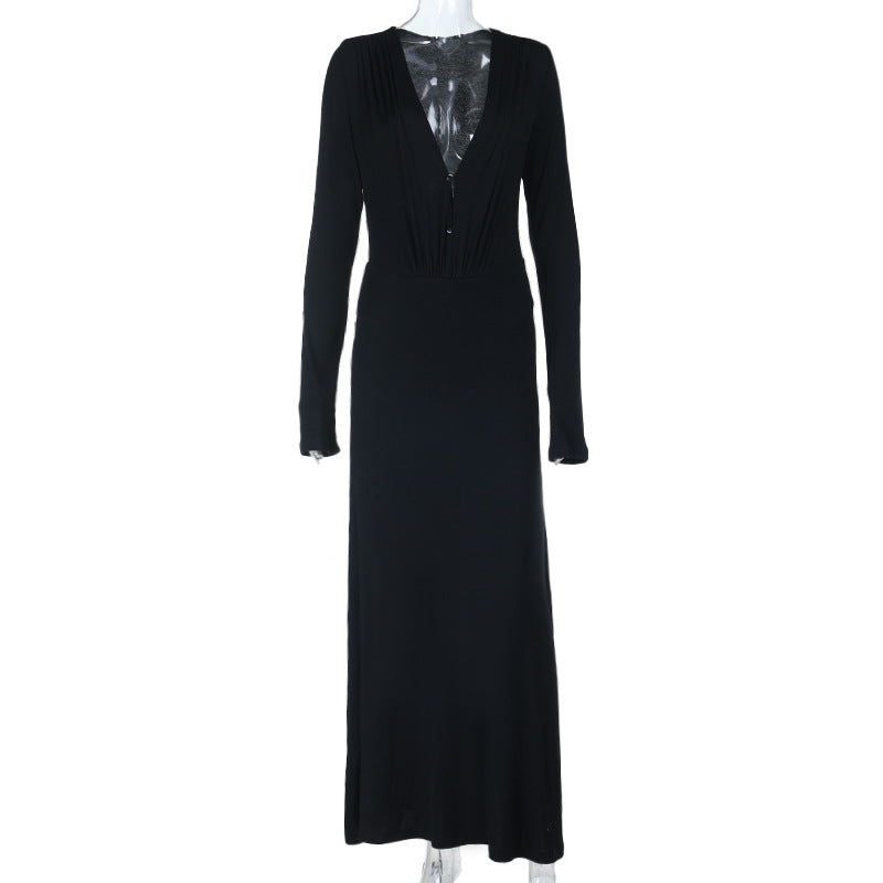 V neck long sleeve button ruched maxi dress  | Festival Outfits Women