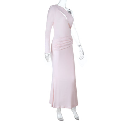 Long sleeve one shoulder hollow out ruched cut out maxi dress  | Festival Outfits Women