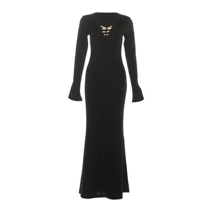 Long sleeve beaded v neck solid maxi dress  | Festival Outfits Women