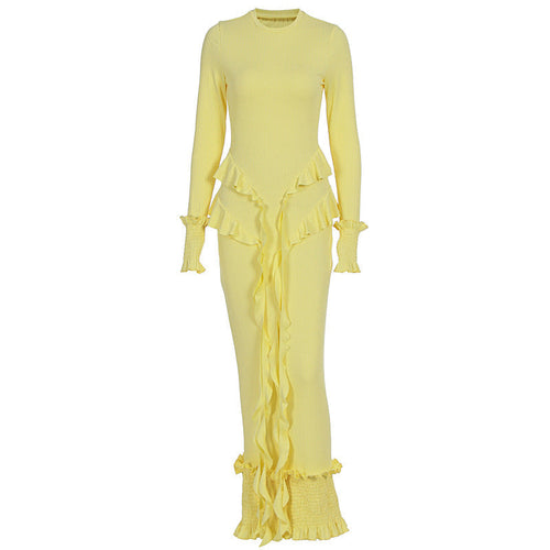 Long sleeve ruffle smocked crewneck maxi dress  | Festival Outfits Women