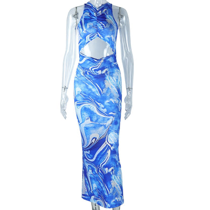 Cross back hollow out ruched print cut out maxi dress  | Festival Outfits Women