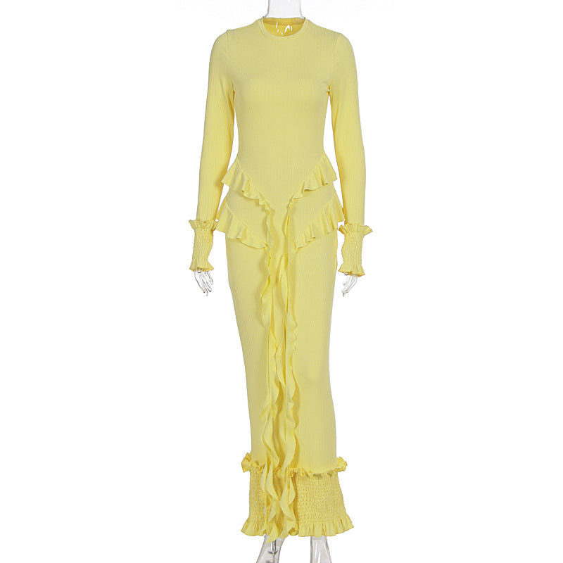 Long sleeve ruffle smocked crewneck maxi dress  | Festival Outfits Women