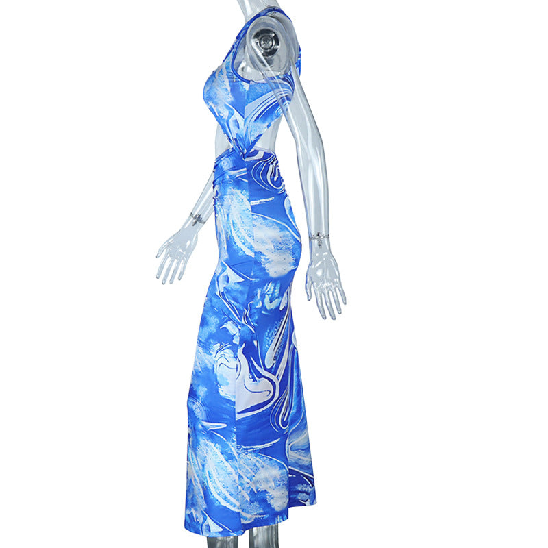 Cross back hollow out ruched print cut out maxi dress  | Festival Outfits Women