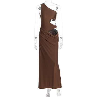 One shoulder hollow out ruched cut out maxi dress  | Festival Outfits Women
