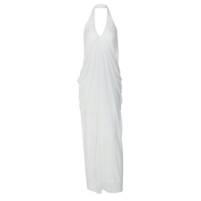 Halter v neck ruched backless mesh maxi dress  | Festival Outfits Women