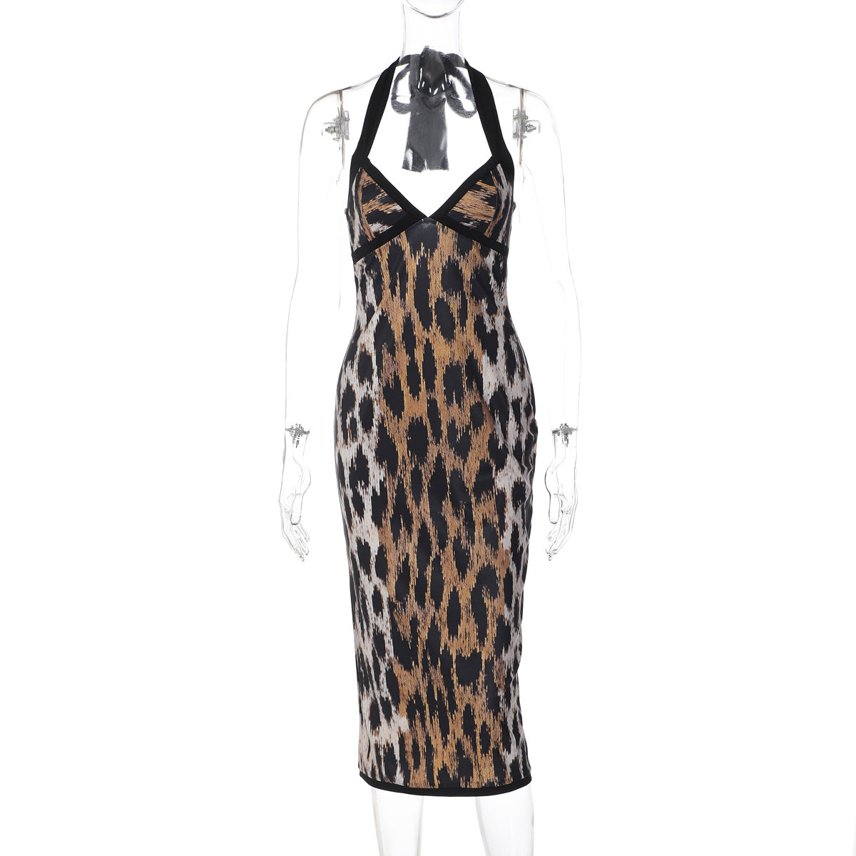 Leopard print halter v neck backless slit maxi dress  | Festival Outfits Women