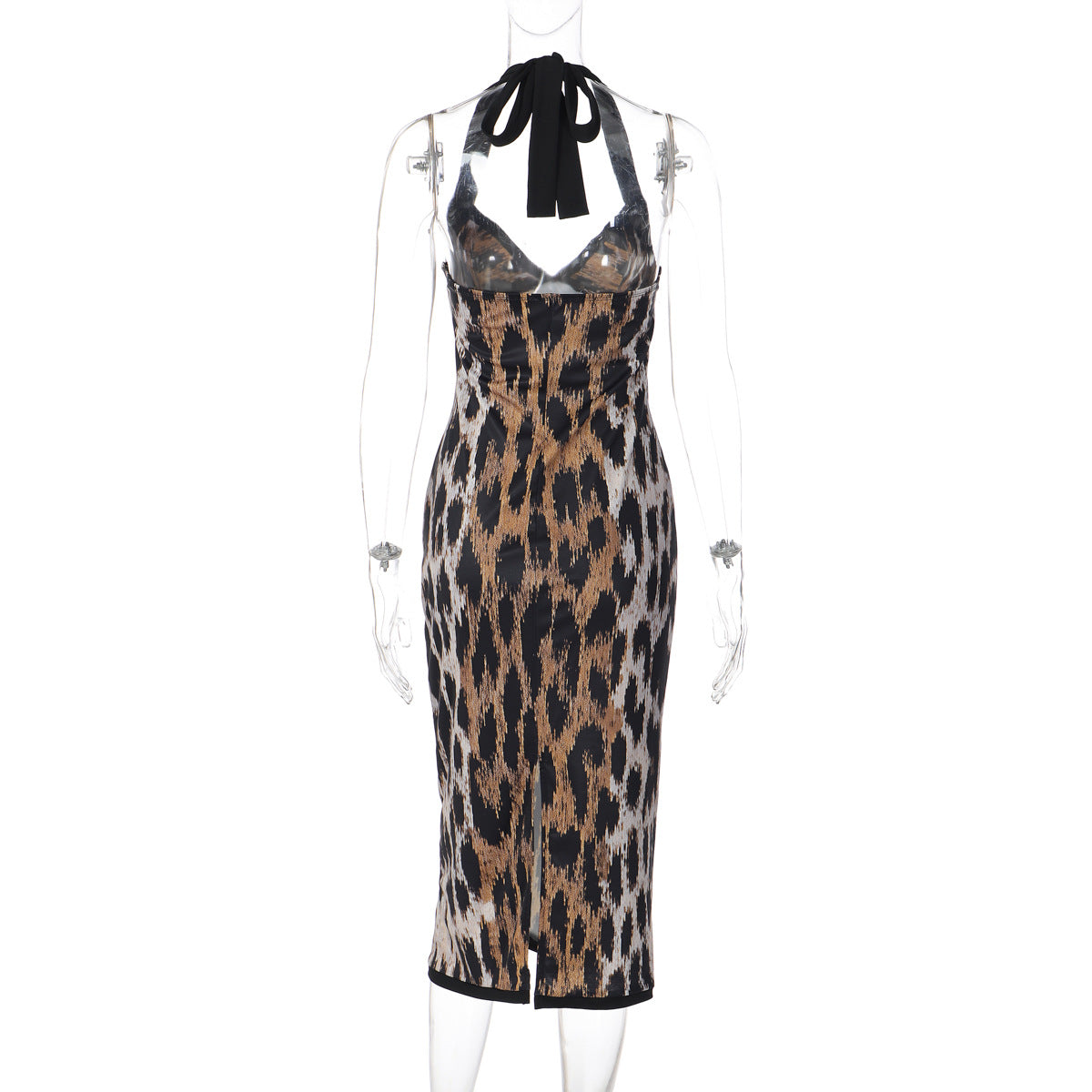Leopard print halter v neck backless slit maxi dress  | Festival Outfits Women