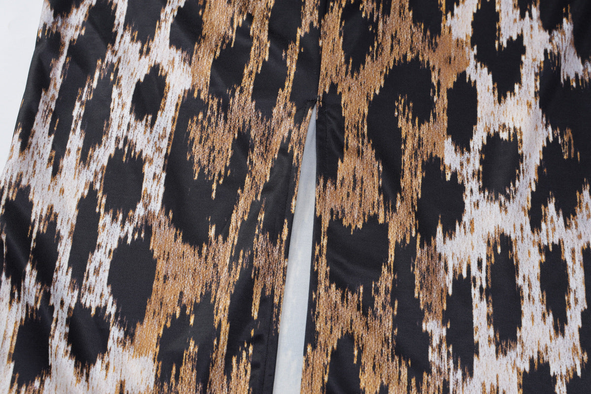 Leopard print halter v neck backless slit maxi dress  | Festival Outfits Women