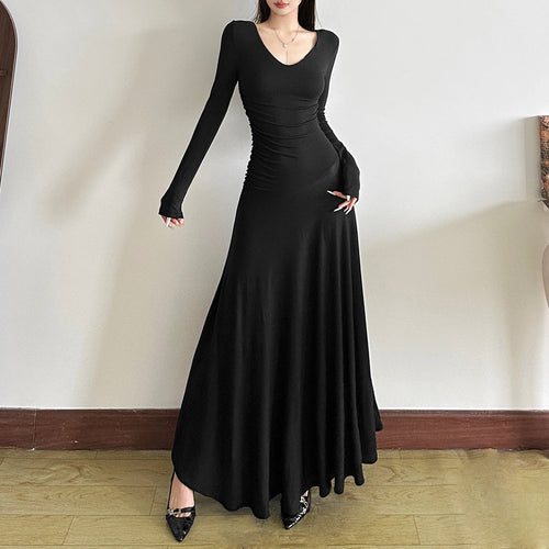 Long sleeve v neck solid maxi dress  | Festival Outfits Women