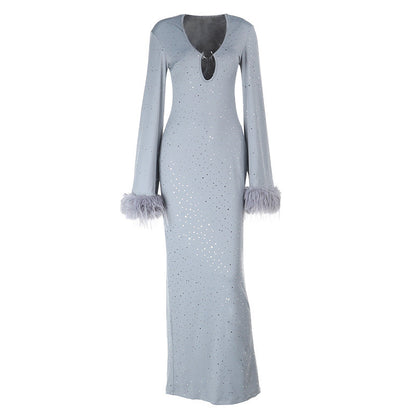 Hollow out slit long sleeve fluffy glitter cut out maxi dress  | Festival Outfits Women