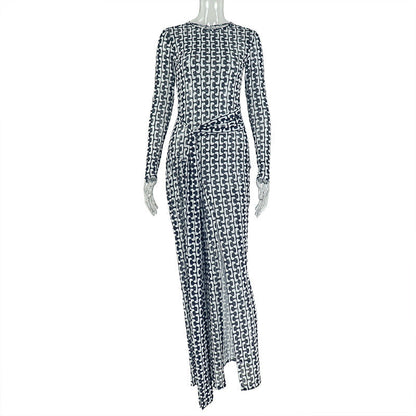 Long sleeve crewneck slit mesh maxi dress  | Festival Outfits Women