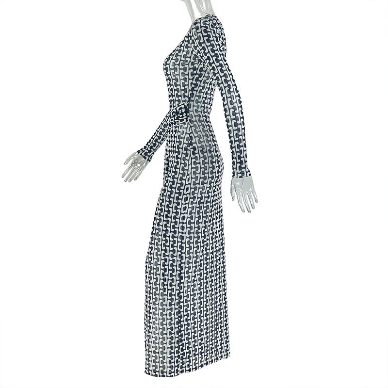 Long sleeve crewneck slit mesh maxi dress  | Festival Outfits Women
