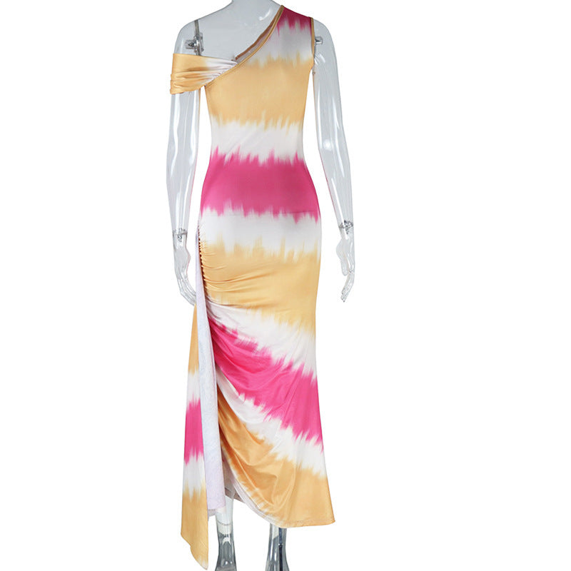 Ruched one shoulder print irregular maxi dress  | Festival Outfits Women
