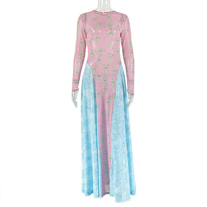 Long sleeve print crewneck mesh maxi dress  | Festival Outfits Women