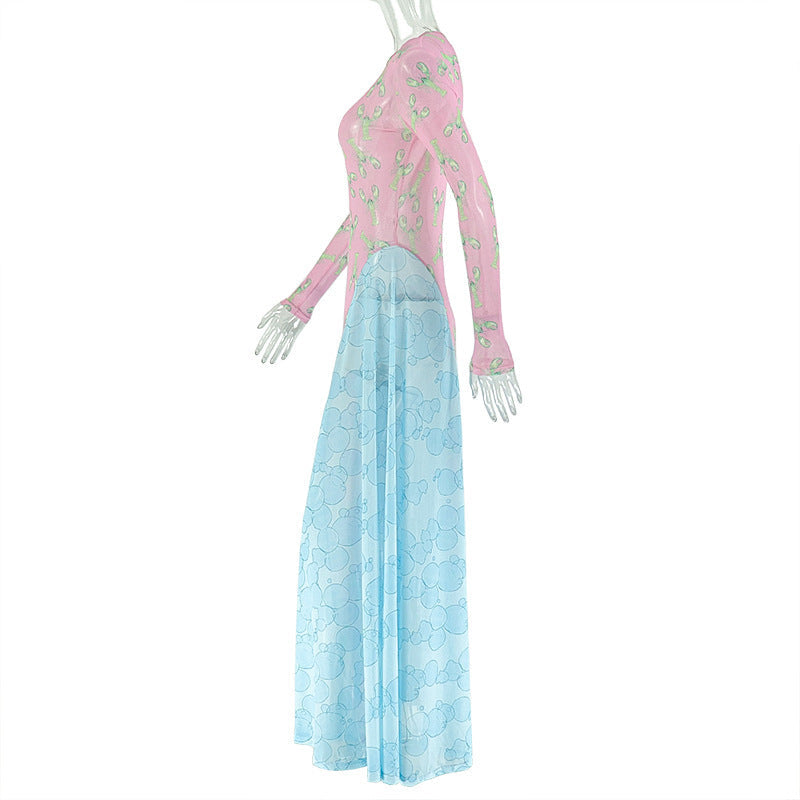 Long sleeve print crewneck mesh maxi dress  | Festival Outfits Women