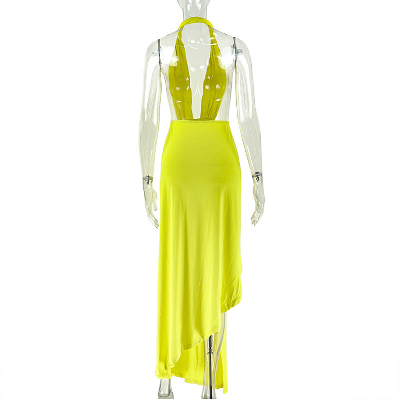 Halter ruched irregular deep v neck maxi dress  | Festival Outfits Women