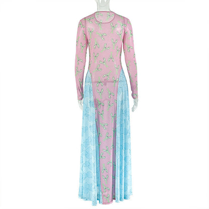 Long sleeve print crewneck mesh maxi dress  | Festival Outfits Women