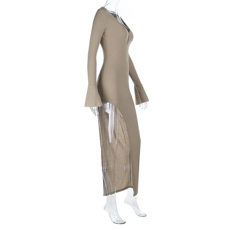 V neck long sleeve slit irregular maxi dress  | Festival Outfits Women